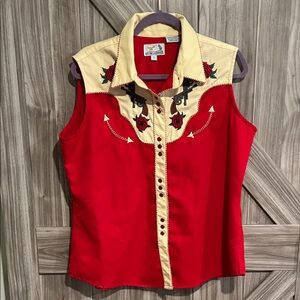 Panhandle Slim Red and Cream Embroidered Sleeveless Top